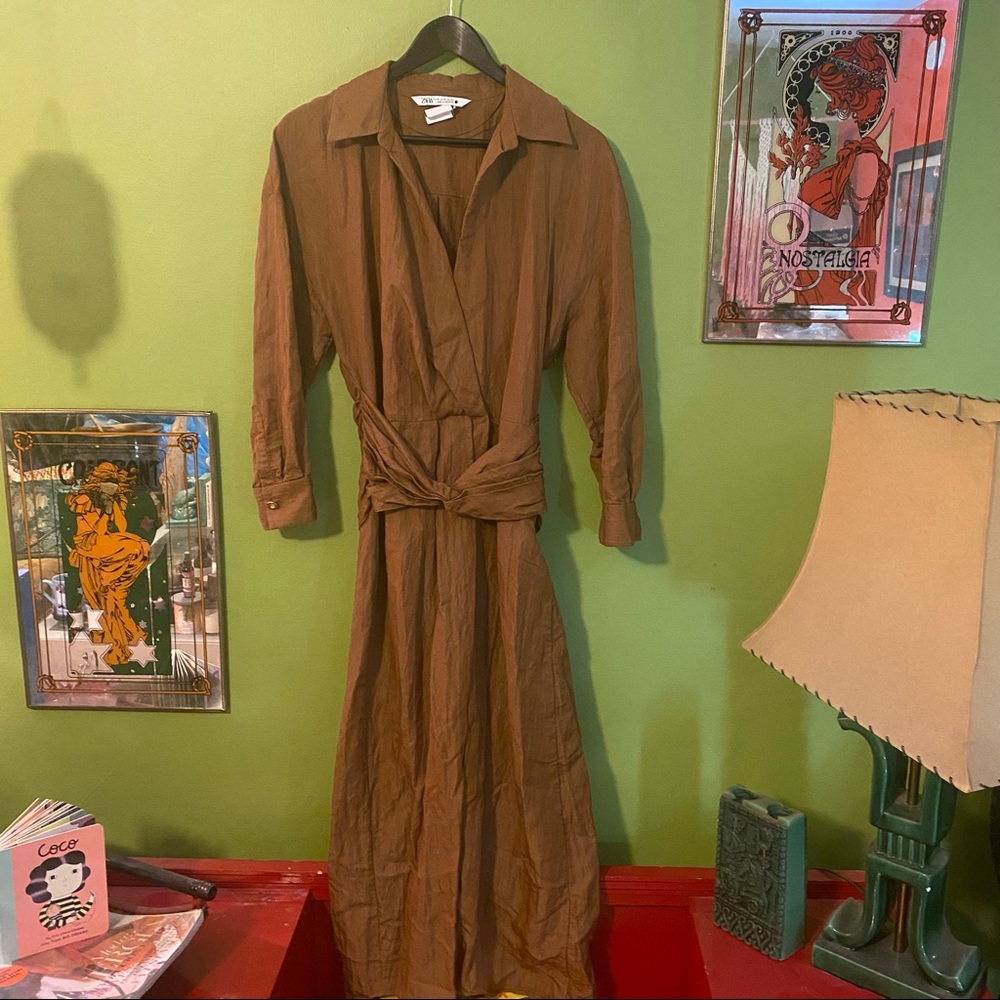 Zara limited edition draped caramel brown slit midi dress with sash belt - Picture 4 of 11